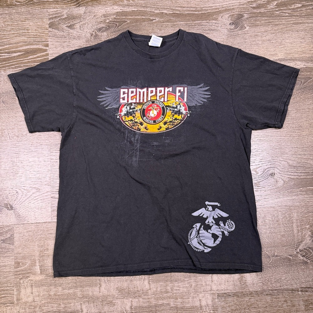 Y2K USMC Semper Fi Mens XL Black Graphic Tee Military T-Shirt Vintage